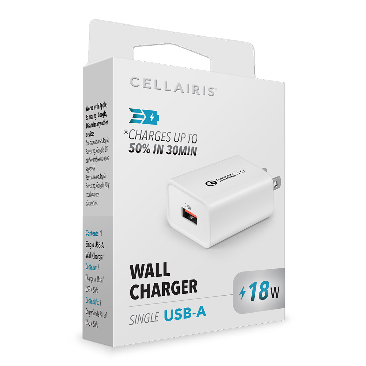 Cellairis Wall Charger - Single Qualcomm Quick Charge USB-A 3.0A White Wall  Chargers