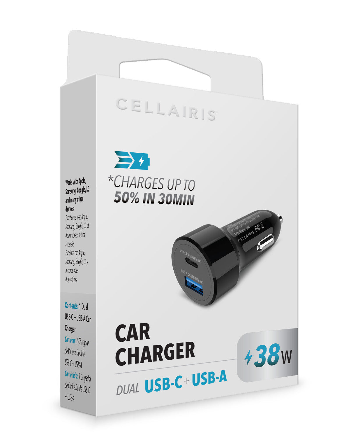 Car Charger - Dual USB-A + USB-C 38W Black Power